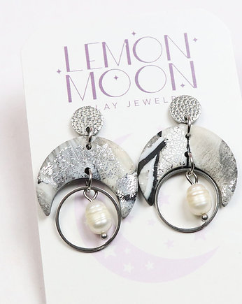 Srebrny księżyc lunula kolczyki z perłą, Lemon Moon