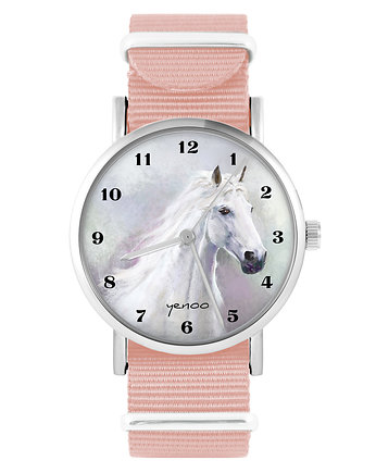 Zegarek - Biały koń, cyfry - brzoskwiniowy róż, OSOBY - Prezent dla teścia
