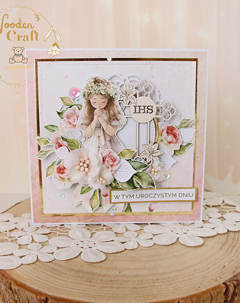 Kartka komunijna, Pamiątka Pierwszej Komunii, prezent "Rose Wine 2" GOTOWA, Lulaczkowo