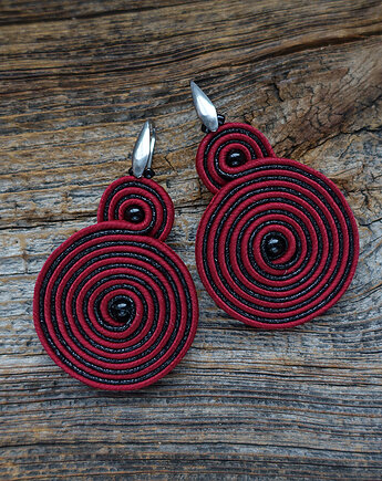 Bordowo- czarne spirale kolczyki soutache, Mró Soutache