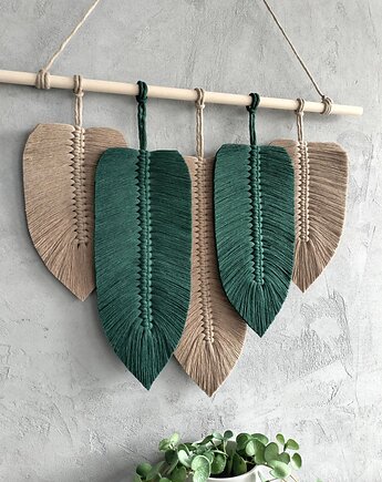 Makrama Liście Butelkowa Zieleń Beż Ozdoba Boho Natura 60 cm, Pracownia Wardin