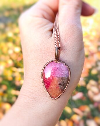 Malinowy Świt wisiorek z miedzi i kwarcu tęczowego, Treemasters Copper Jewelry