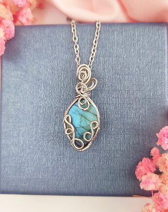 Naszyjnik Labradoryt Niebieski stal chirurgiczna wisiorek handmade wirewrapping, byNostawen