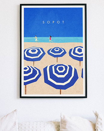 Sopot - plaża z parasolkami - plakat 50x70 cm, minimalmill