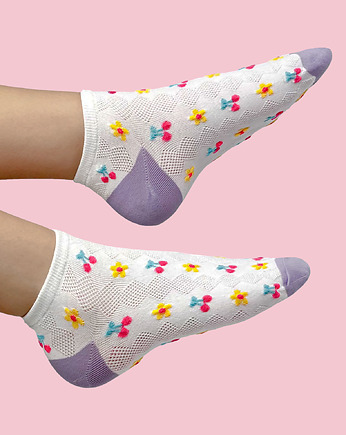 Retro skarpetki w kwiatki i wiśnie białe, CandySox