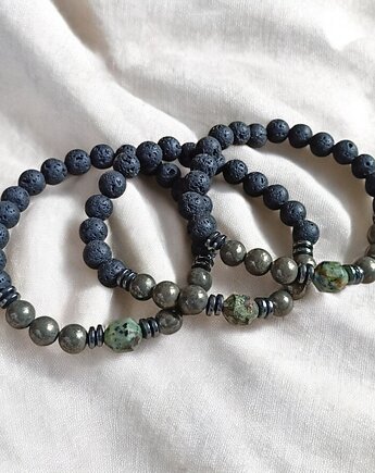 Turkus afrykański, piryt, lawa : męska bransoletka, kaktusia