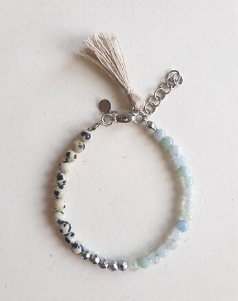 Bransoletka UNO akwamaryn, jaspis dalmatyński, lniany chwost, modesign