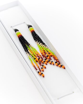 Kolczyki "indiańskie" - chwosty - czarno-złoto-pomarańczowo-zielone, Tauriel Design