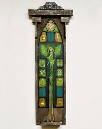 Anioł Yakshi /2/, obraz malowany na drewnie, collage, Galeriai