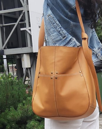 Kamelowa skórzana torba z dużymi kieszeniami, Łagoda