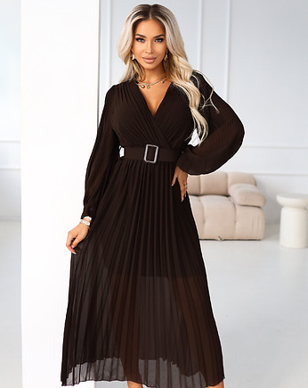 414-11 KLARA plisowana elegancka sukienka midi z paskiem - czekolada, NUMOCO