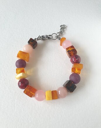 Bransoletka SZASZŁYK bursztyn, jadeit, bordo róż, modesign