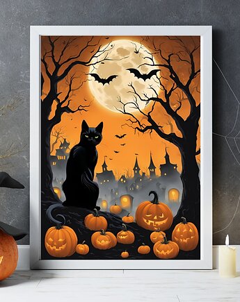 PLAKAT dekoracja Halloween czarny kot dynia księżyc, black dot studio