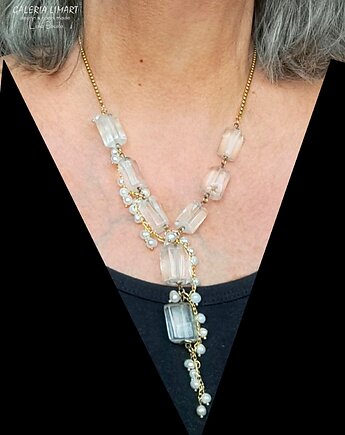 Komplet biżuterii z kryształu górskiego i pereł unikat handmade PREZENT lux, Galeria Limart