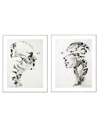 See me, komplet 2 obrazów malowanych tuszem, grafiki czarno-białe, Galeriai
