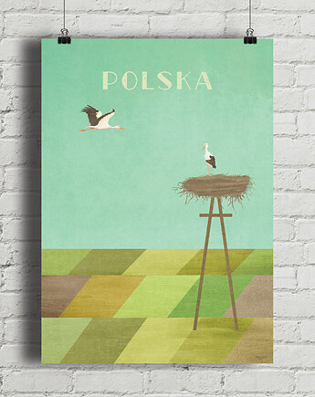 Plakat Polska - bociany nad polami, minimalmill