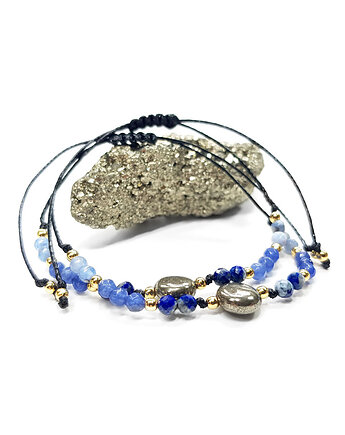 Piryt, lapis lazuli, niebieski agat i hematyt bransoletka, Magneska