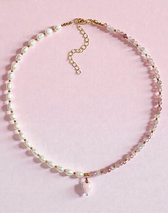 Naszyjnik z serduszkiem : perły, kwarc truskawkowy, kaktusia