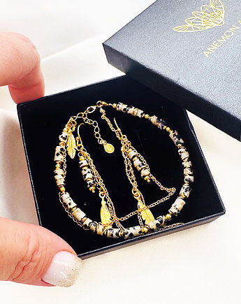 Ivory Shadow- Kolczyki  i bransoletka z kamieni, czarno biały jaspis,komplet, Anemon Atelier