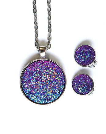 Komplet - Druzy fioletowe - naszyjnik i klipsy, yenoo