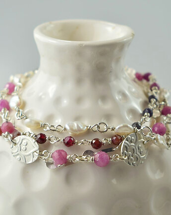 Elnora - srebrna bransoletka z rubinem, perłami i szafirem, Sunflower Kornelia Kubinowska