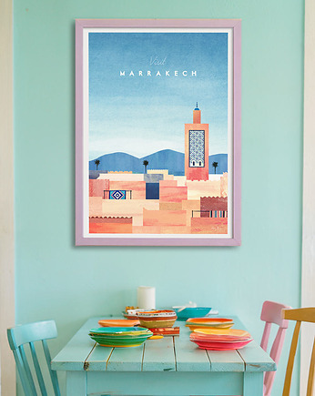 Plakat Maroko Marrakesz - panorama miasta z Meczetem Księgarzy, minimalmill