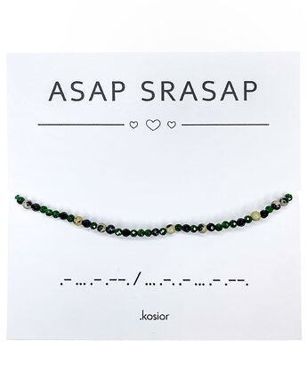 Bransoletka z alfabetem Morse Jaspis dalamtyński, Spinel i Szmaragd Nilu, karolina kosior