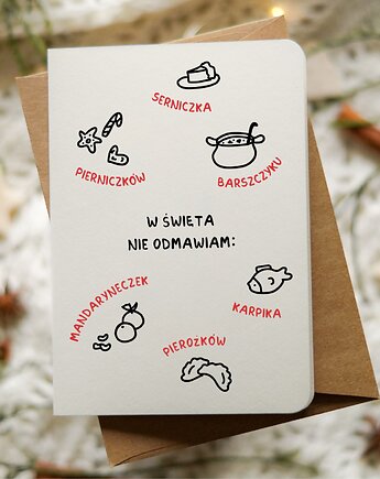 Kartka na Boże Narodzenie, potrawy świąteczne, w Święta nie odmawiam, Pracownia Faramuszka