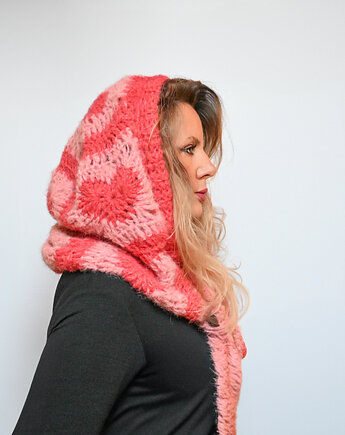 Balaclava alpaka  i jedwab handmade, ręcznie szydełkowana zimowa kominiarka, kwiaty biżuteria
