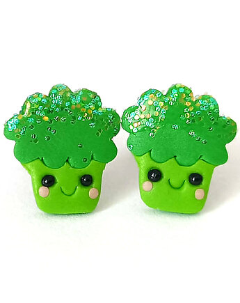 Śmkieszne zielone kolczyki brokuły kawaii na sztyftach, OMIFIMO