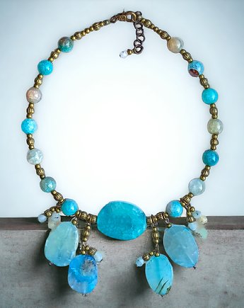 UNIKATOWY naszyjnik & kolczyki : agat aqua : stare złoto, kaktusia