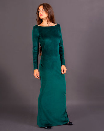 Długa zielona sukienka welurowa z głębokim dekoltem, Lariko Studio