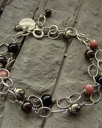 Turmalin, rodonit, granat, piryt - bransoletka, RayOfArt