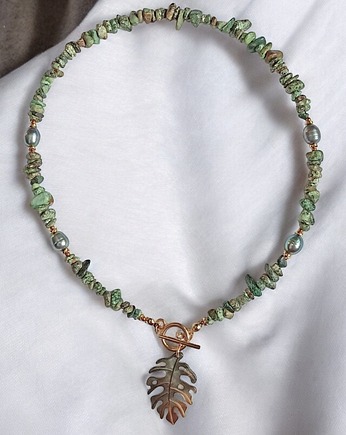 Monstera, turkus afrykański, perły : naszyjnik, kaktusia