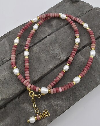 Rodonit i perły w złocie - naszyjnik, RayOfArt