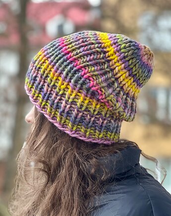 Czapka z merynosa 100% mix z fioletem różem, Made by Jaga