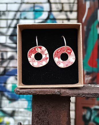 Kolczyki ceramiczne w czerwone wzory koła, biżuteria z talerzy