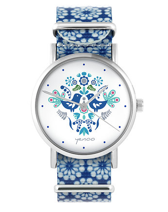 Zegarek - Folkowe ptaszki blue - niebieski, kwiaty, yenoo