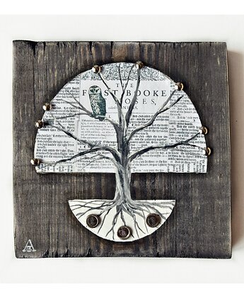 Drzewo mądrości /2/, obraz malowany na starej desce collage, Galeriai