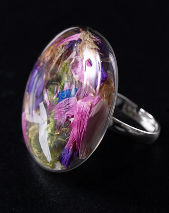 Szklany pierścionek z kolorowymi kwiatkami., So Jewelry