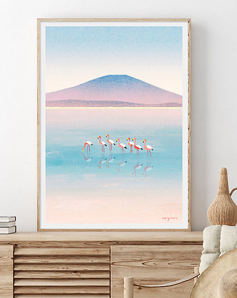 Flamingi - odbicie w jeziorze - plakat fine art, minimalmill