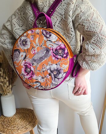 Plecak Okrągły z Motywem Kwiatów i Czapli Pomarańczowy, Poplećmy Sobie