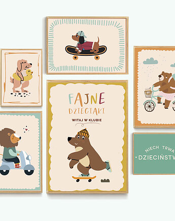 Fajne plakaty - zestaw seledynowy zwierzęta hulajnoga rower, ALE Pomysl