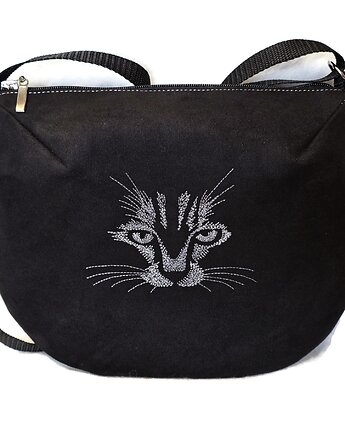 Czarna listonoszka torebka z kotkiem , kot haftowany haft, Made by Joan