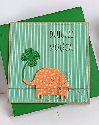 Dużo szczęścia - urocza, uniwersalna kartka - słonik, koniczynka