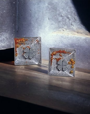 Koniczynki : UNIKATOWE klipsy - srebrno złote, kaktusia