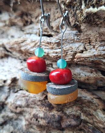 Kolczyki z  koralem i bursztynem, cynamonn