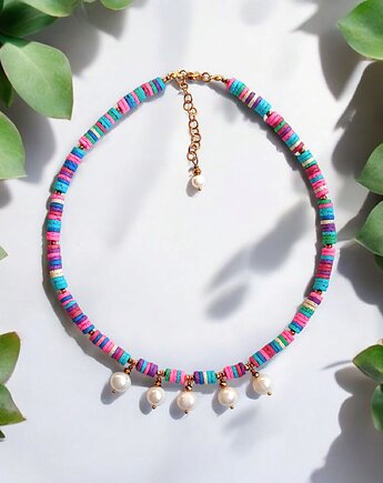 SUMMER COLLECTION naszyjnik : duże perły i kolorowa lawa, kaktusia