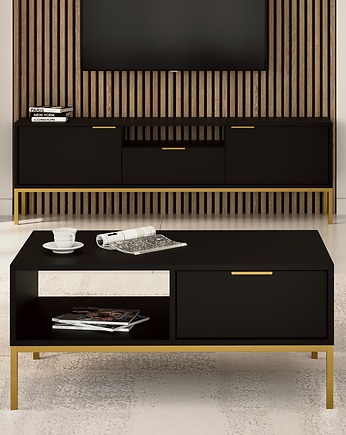 Stolik kawowy z półką i szufladami SKIEN 100 cm czarny & złoty, Scandi Home Style