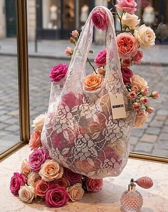 Koronkowa torba shopper, na ramię, róże, biała,  Namineso Scoop, Namineso
